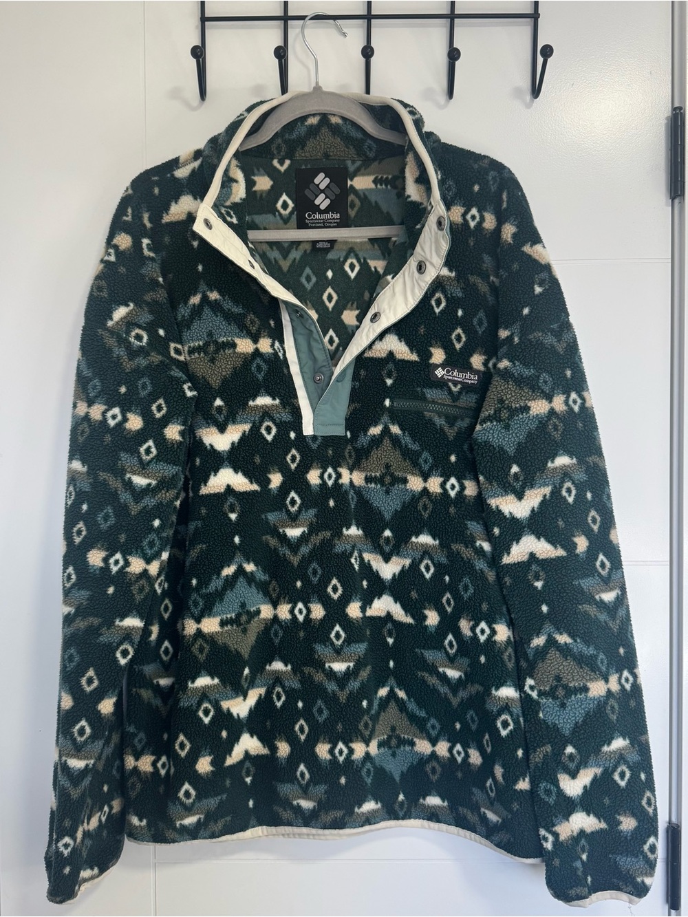 Columbia Green & Cream Patterned Snap Pullover Fleece